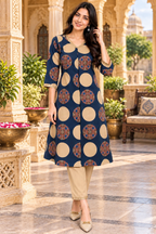 Cotton Printed Kurti Pant Two Piece Set(Blue)