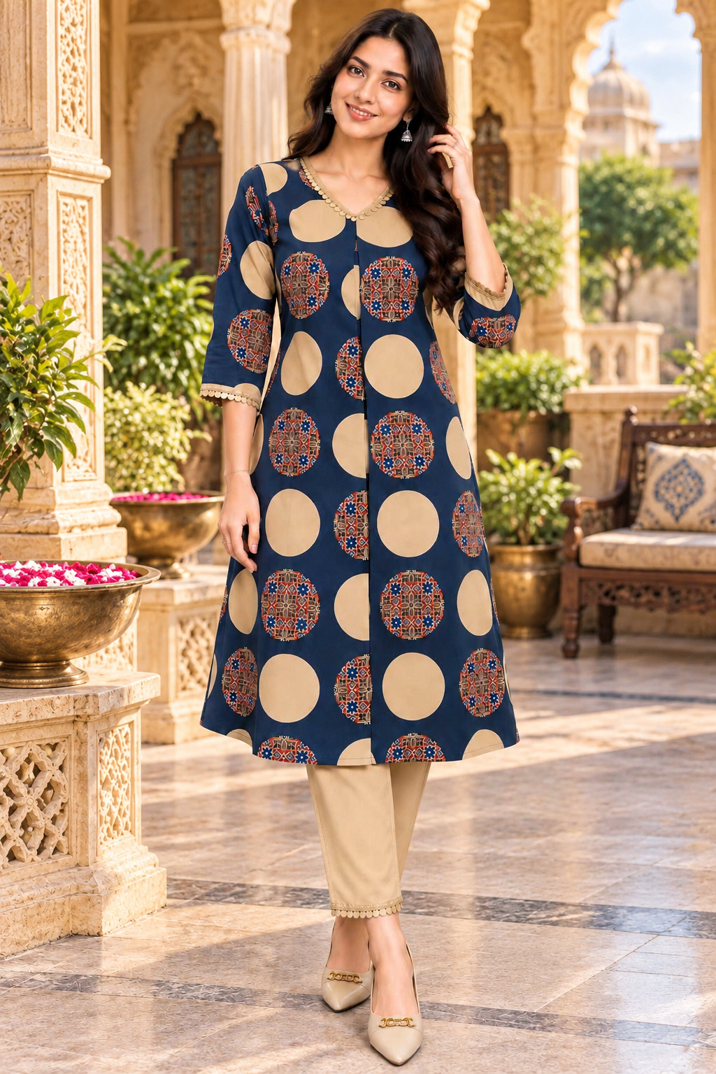 Cotton Printed Kurti Pant Two Piece Set(Blue)
