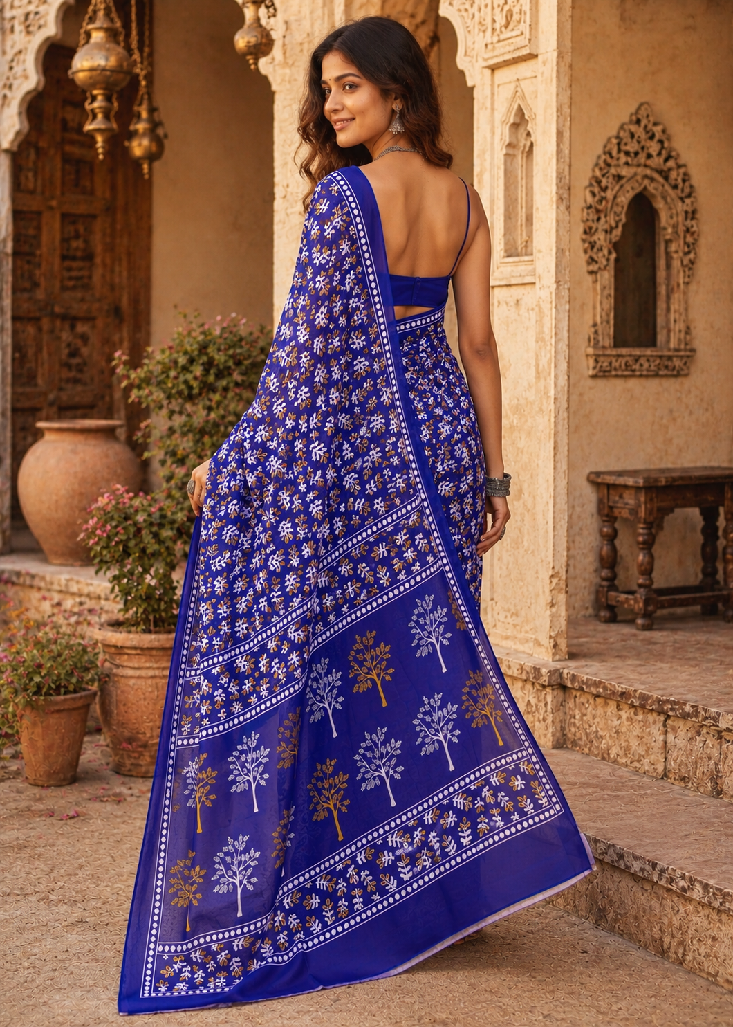 Pure Mulmul Cotton Printed Saree With Unstitched Blouse(Violet)