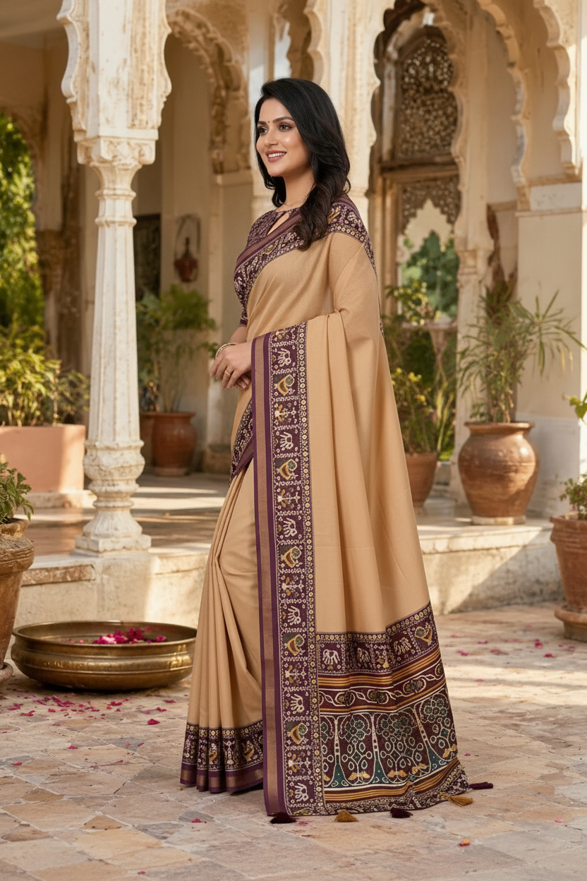 Cotton Zari Border Printed Saree With Unstitched Blouse(Cream)