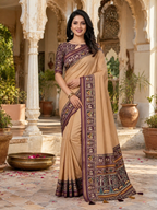 Cotton Zari Border Printed Saree With Unstitched Blouse(Cream)