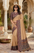 Cotton Zari Border Printed Saree With Unstitched Blouse(Cream)