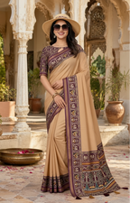 Cotton Zari Border Printed Saree With Unstitched Blouse(Cream)