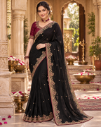 Premium Georgette Embroidery Work Saree With Unstitched Blouse(Black)
