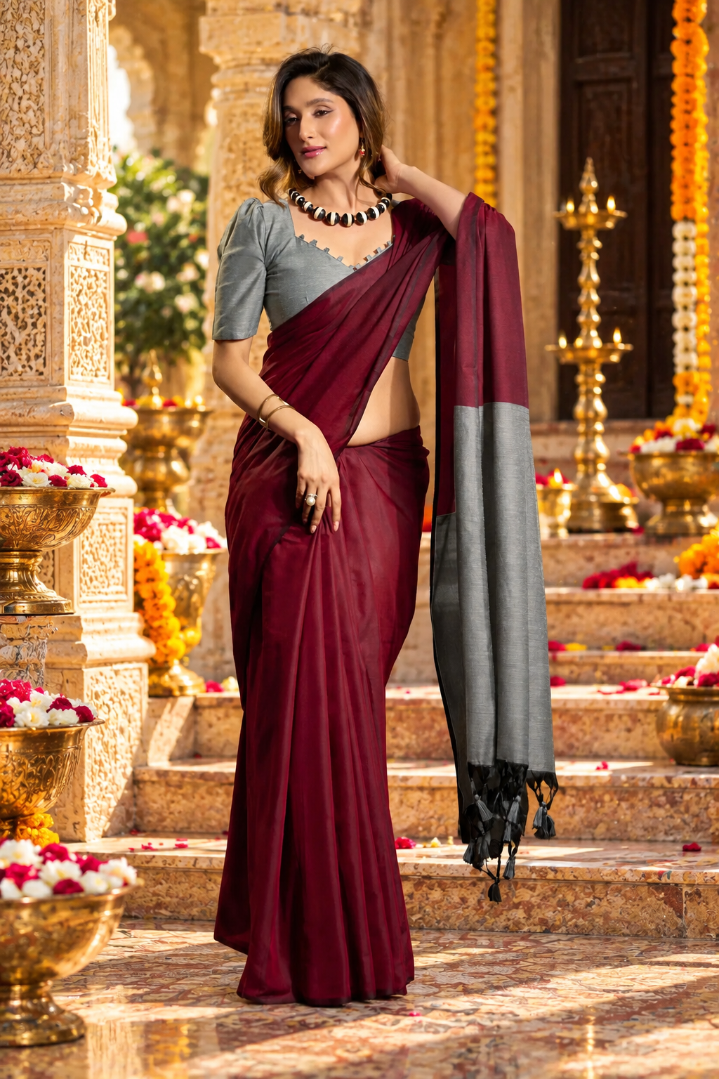 Mulmul Cotton Saree With Unstitched Blouse(Maroon)