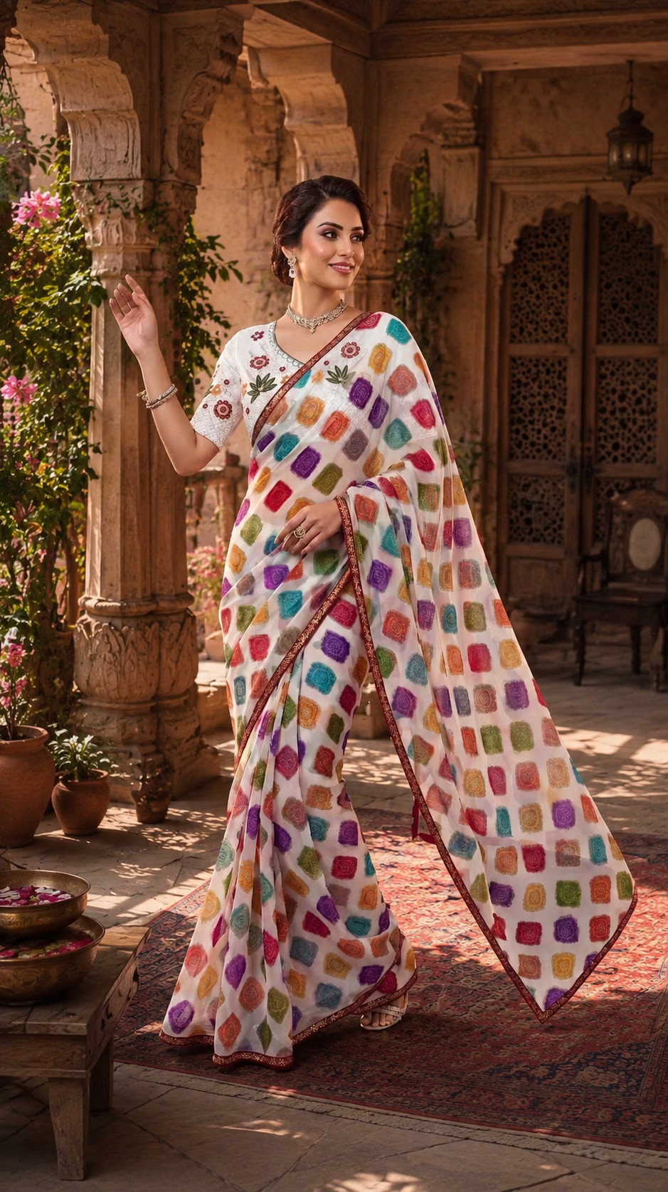 Cotton Floral Bandhani Printed Saree With Unstitched Blouse(Multicolor)