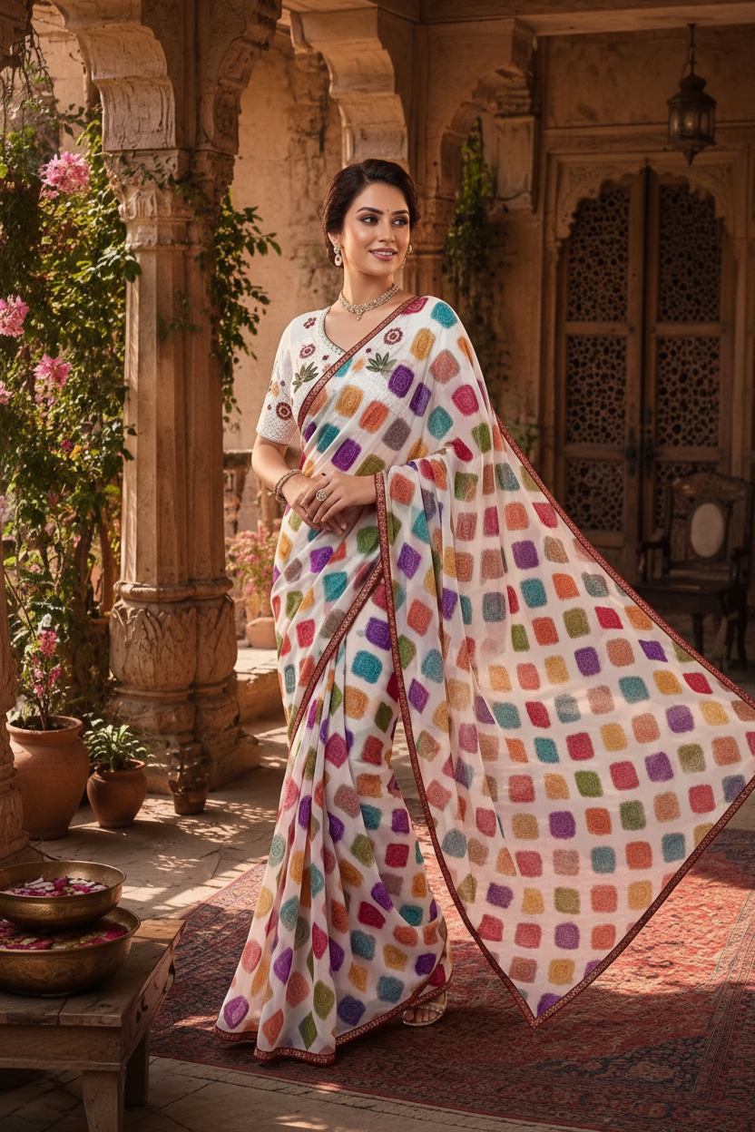 Cotton Floral Bandhani Printed Saree With Unstitched Blouse(Multicolor)