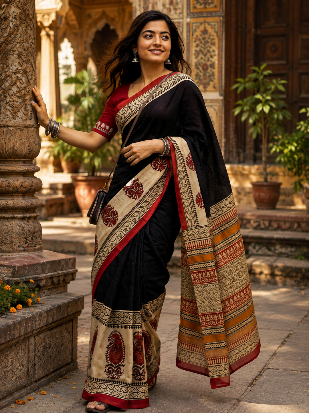 Mulmul Cotton Printed Saree With Unstitched Blouse(Black)
