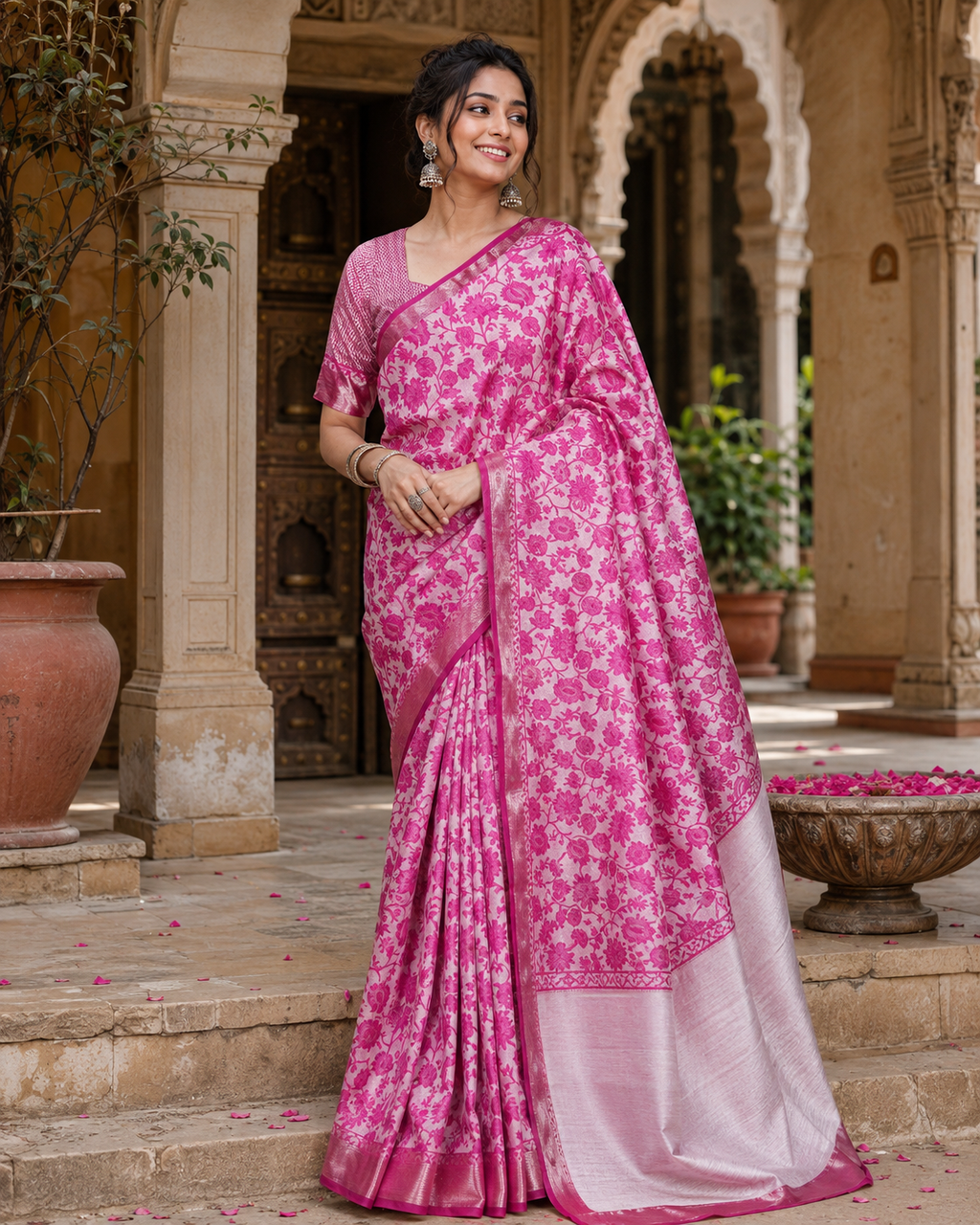 Tussar Silk Printed Saree With Unstitched Blouse(Pink)