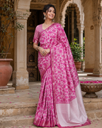Tussar Silk Printed Saree With Unstitched Blouse(Pink)
