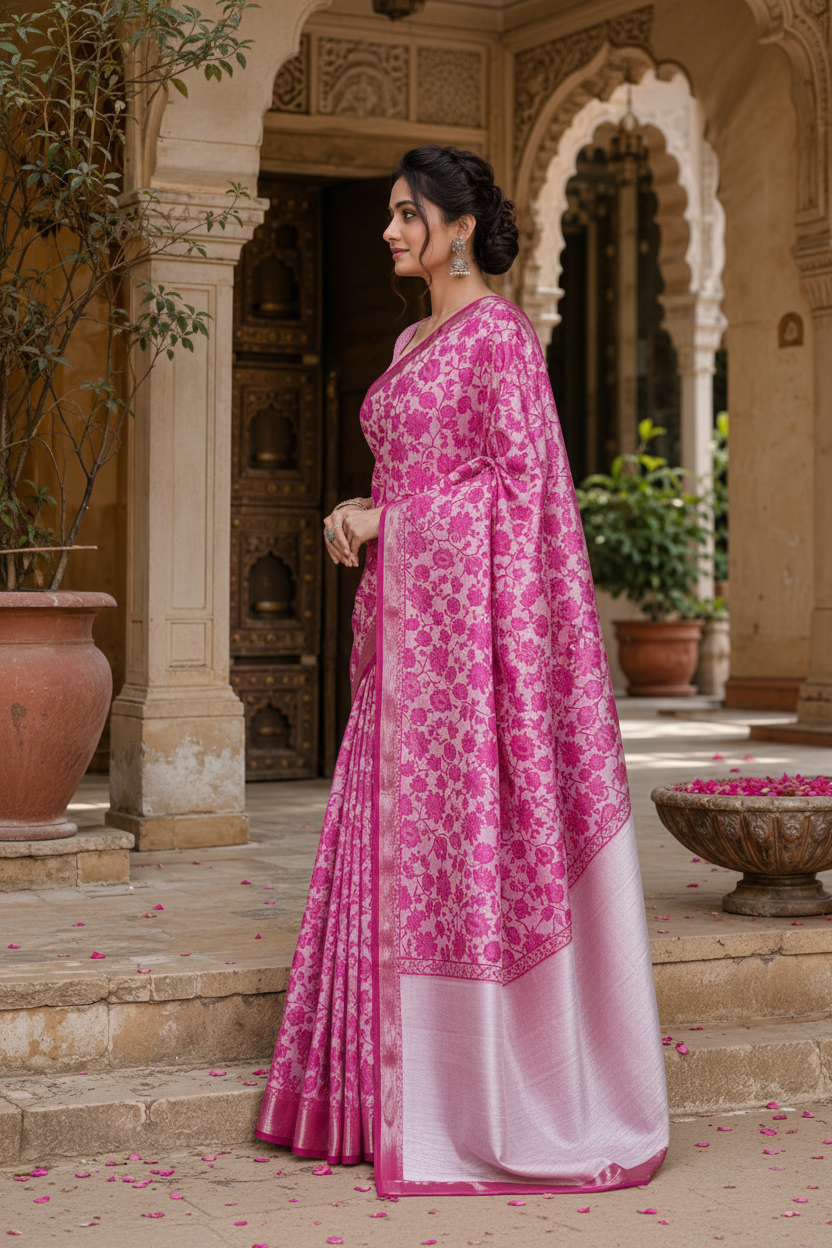 Tussar Silk Printed Saree With Unstitched Blouse(Pink)