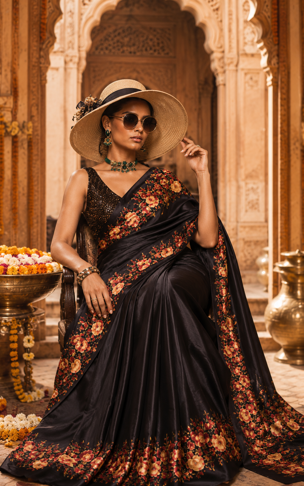 Satin Silk floral Printed saree With Unstitched Blouse( Black)