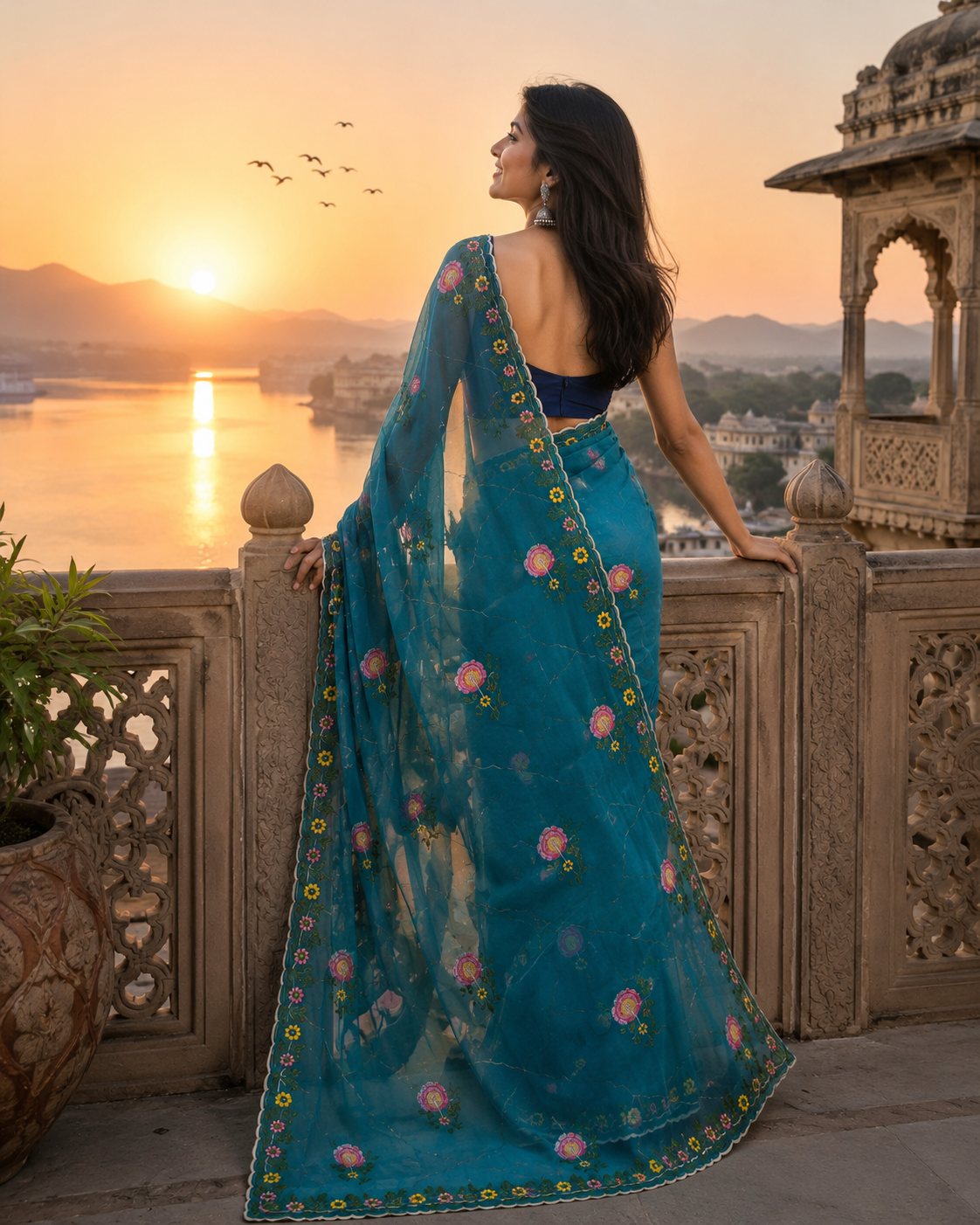 Star Georgette Ready To Wear Embroidery Work Saree With Unstitched Blouse(Rama)