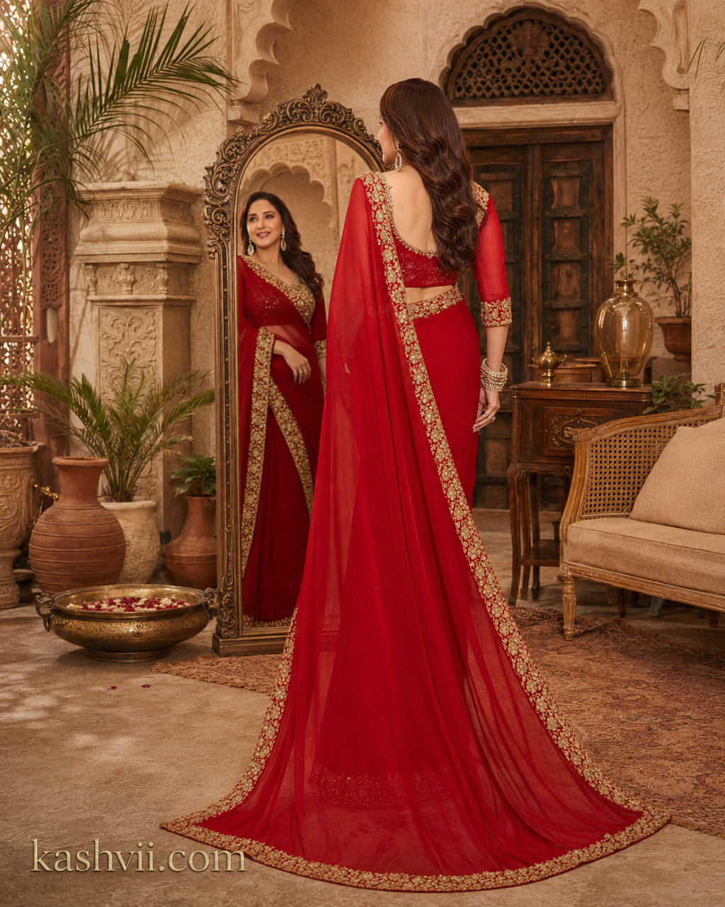 Georgette Embroidery Sequins Zari Work Saree With Unstitched Blouse(Red)