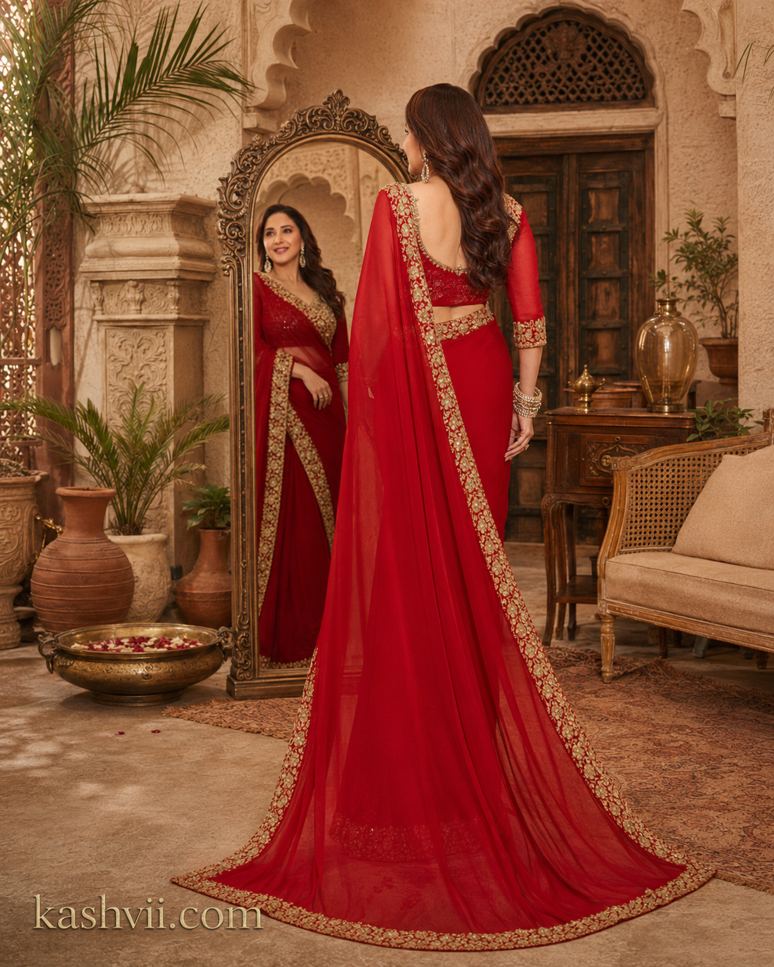 Georgette Embroidery Sequins Zari Work Saree With Unstitched Blouse(Red)