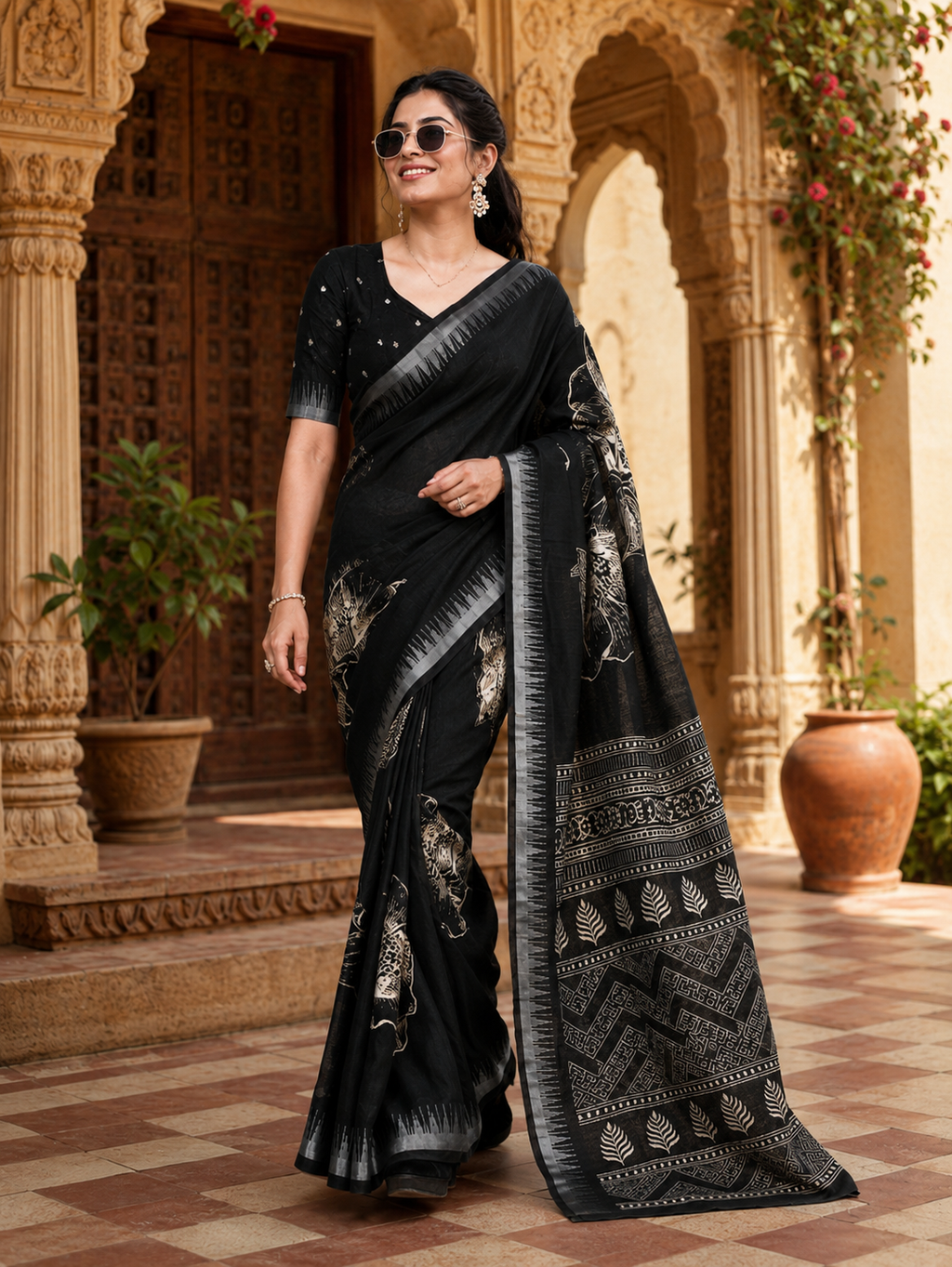 Premium Slub Silk Floral Printed  Zari Border Saree With Unstitched Blouse (Black)