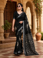 Premium Slub Silk Floral Printed  Zari Border Saree With Unstitched Blouse (Black)