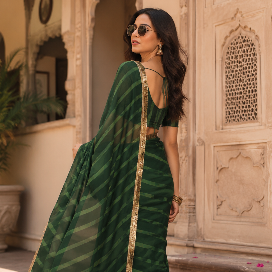 Georgette Traditional Zari Gold Lace Border Saree With Unstitched Blouse(Green)