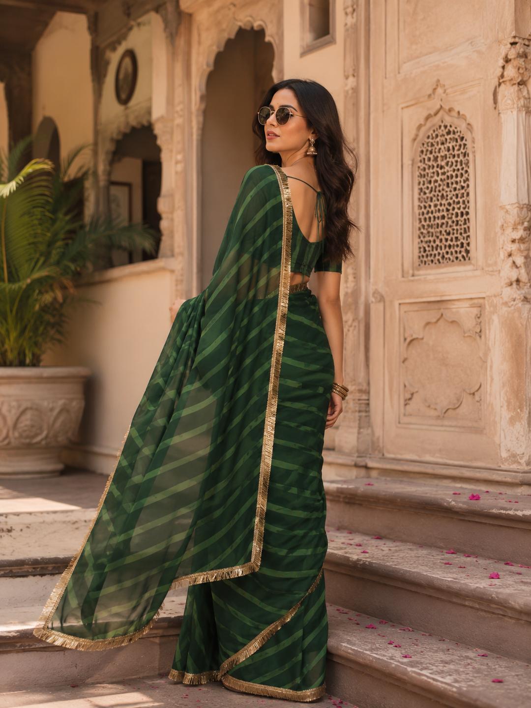 Georgette Traditional Zari Gold Lace Border Saree With Unstitched Blouse(Green)