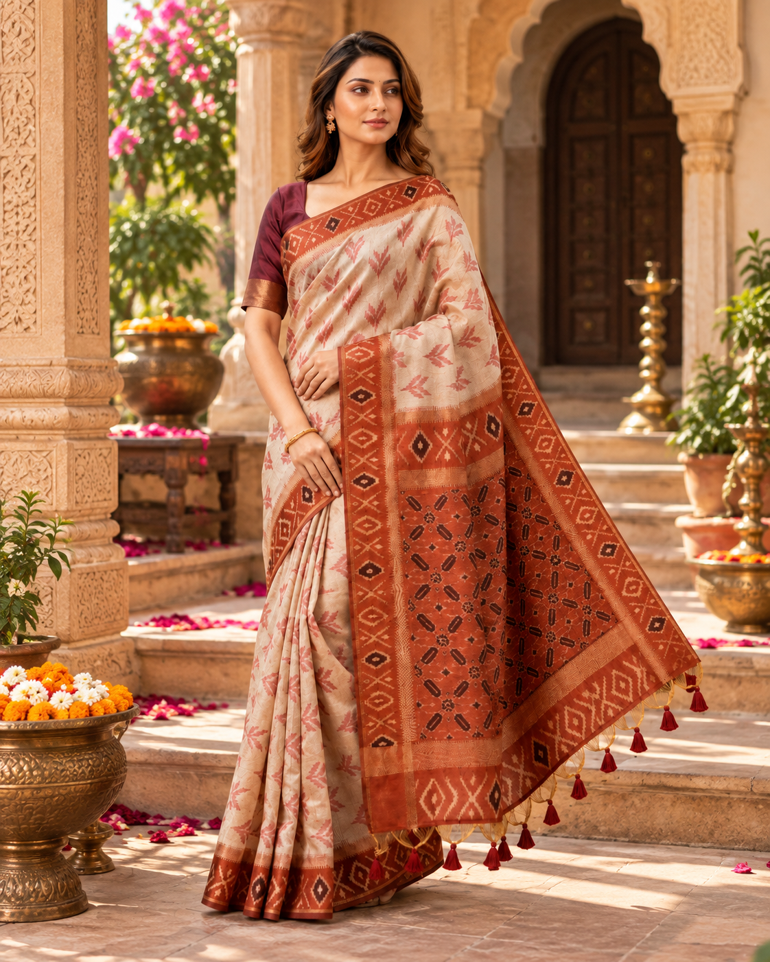 Patola Silk Floral Motif Work Saree With Unstitched Blouse(Beige)