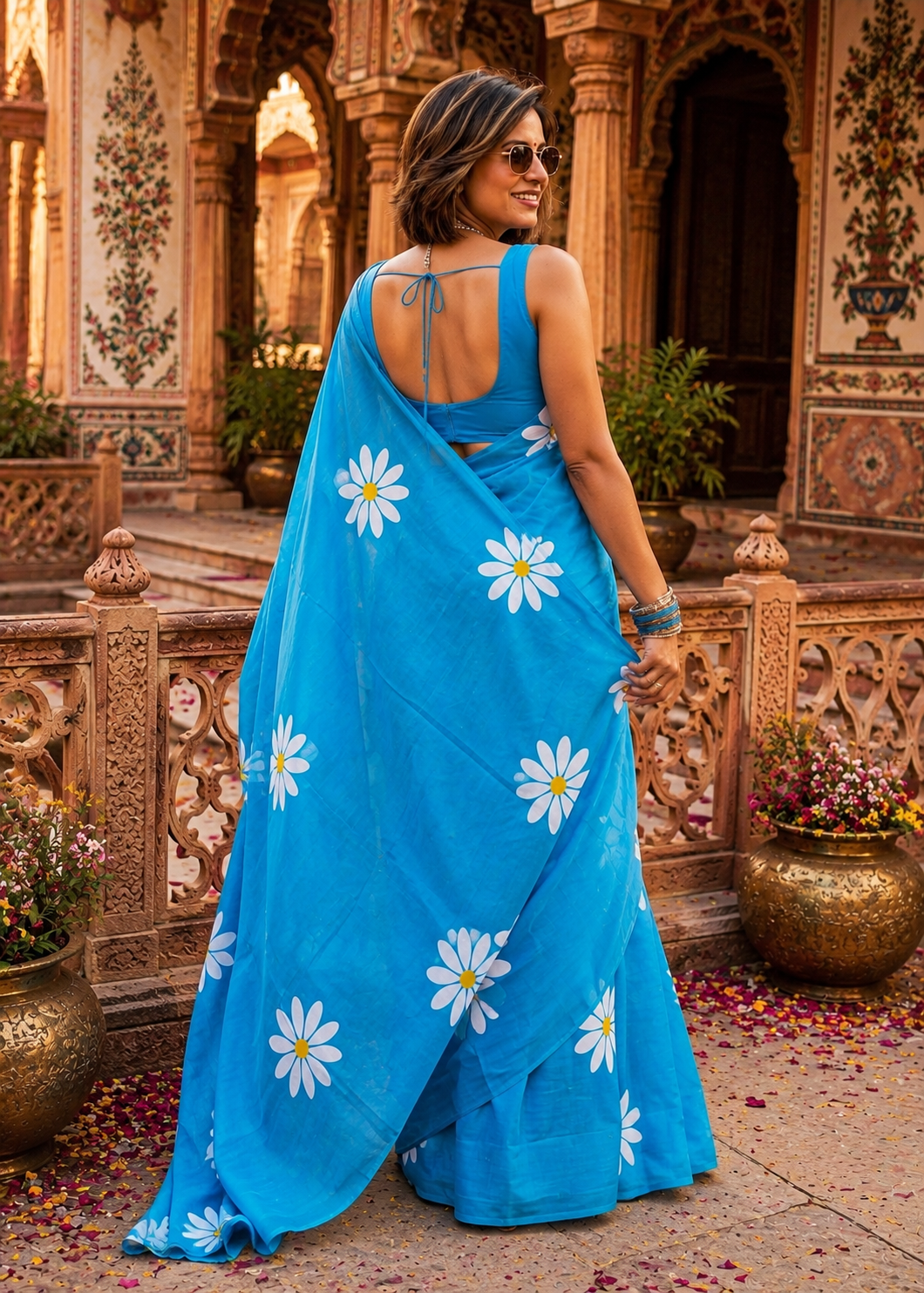 Mulmul Cotton Floral Printed Saree With Unstitched Blouse(Sky)