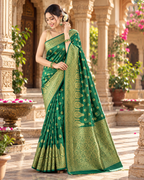 Banarasi Silk Golden Zari Border Work Saree With Unstitched Blouse(Green)