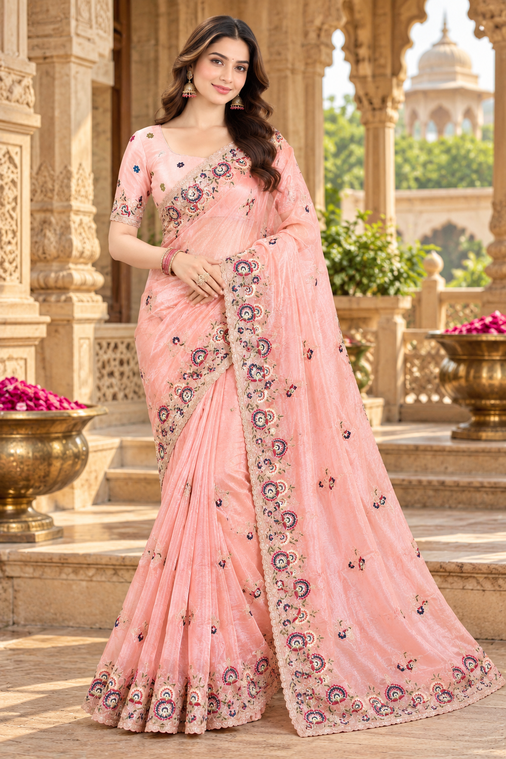 Pure Soft Organza Silk Embroidery Work Saree With Unstitched Blouse(Beige)