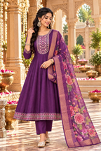 Cotton Embroidery Work Kurti Pant Set With Dupatta(Purple)