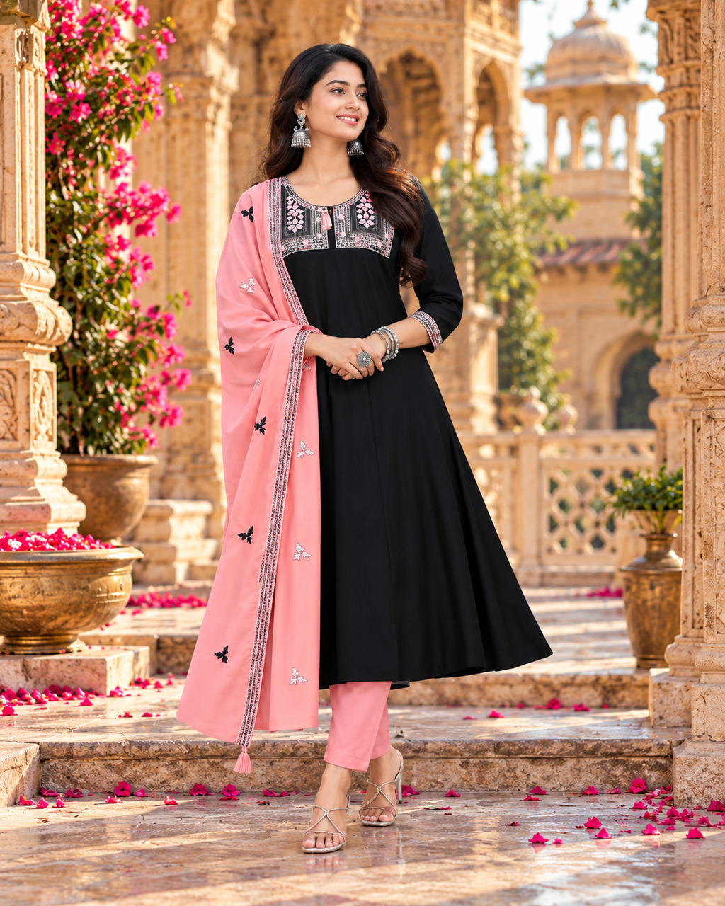 Roman Silk Embroidery Work Anarkali Kurti Pant Set With Dupatta(Black)