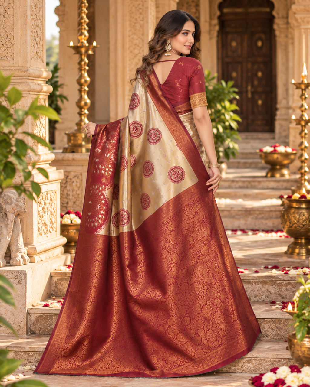 Banarasi Zari Weaving Saree With Unstitched Blouse(Beige)