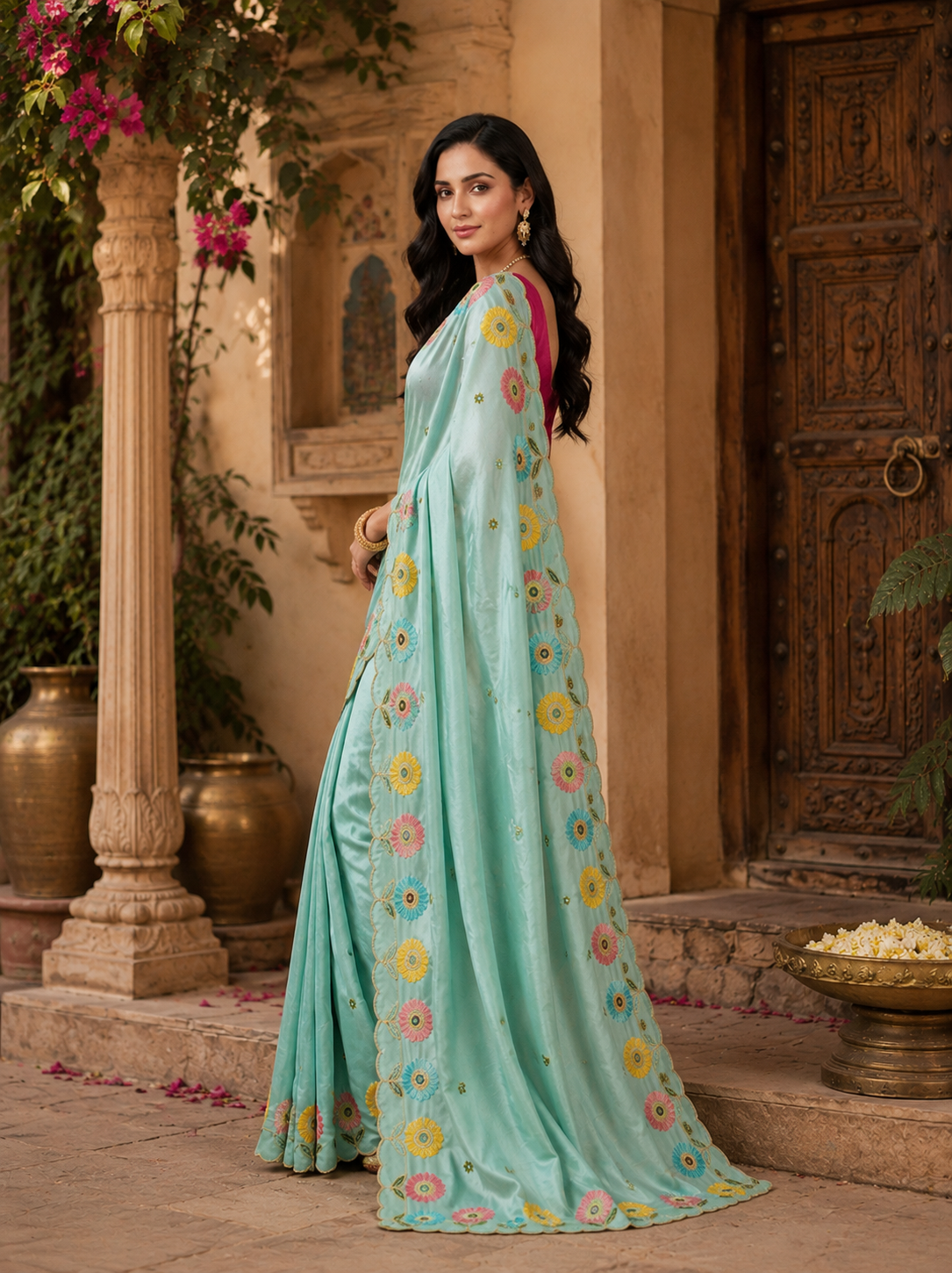 Crepe Silk Embroidery Work Zari Border Saree With Unstitched Blouse(Sky Blue)