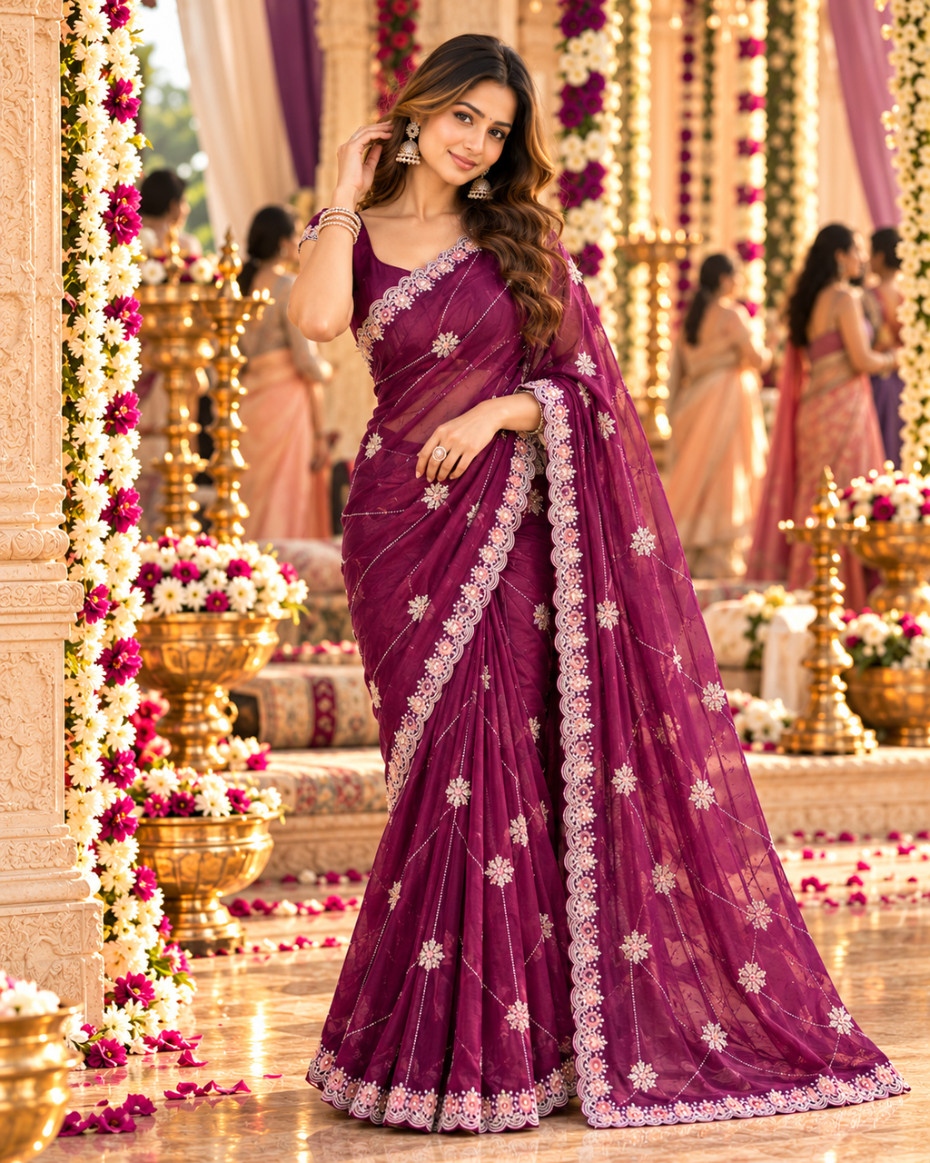 Pure Space Silk Embroidery Work Saree With Unstitched Blouse(Wine)