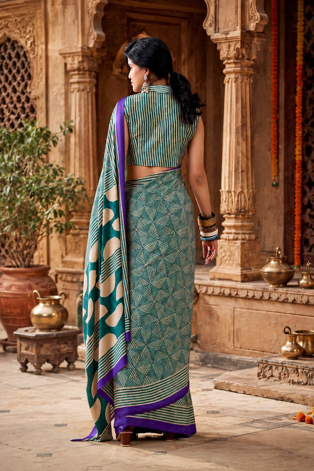Premium Satin Silk Printed Saree with Unstitched Blouse(Green)