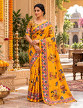 Satin Silk Pichwai Print Saree With Unstitched Blouse(Yellow)