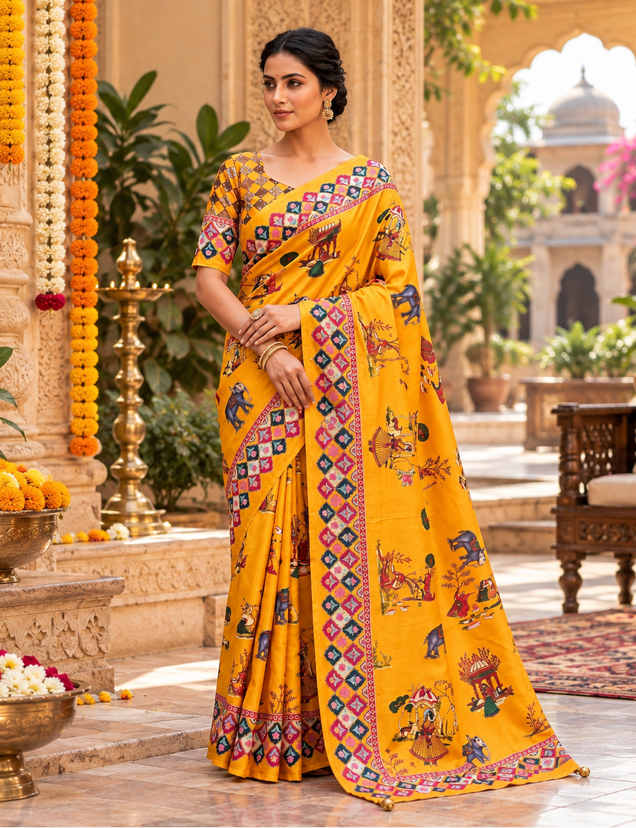 Satin Silk Pichwai Print Saree With Unstitched Blouse(Yellow)