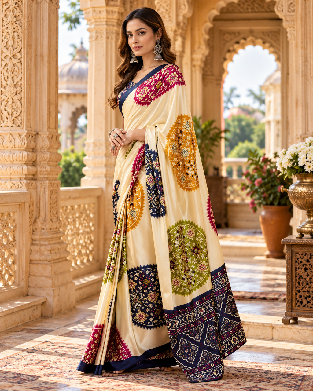 Satin Silk Ajrakh Print saree With Unstitched Blouse(Cream)