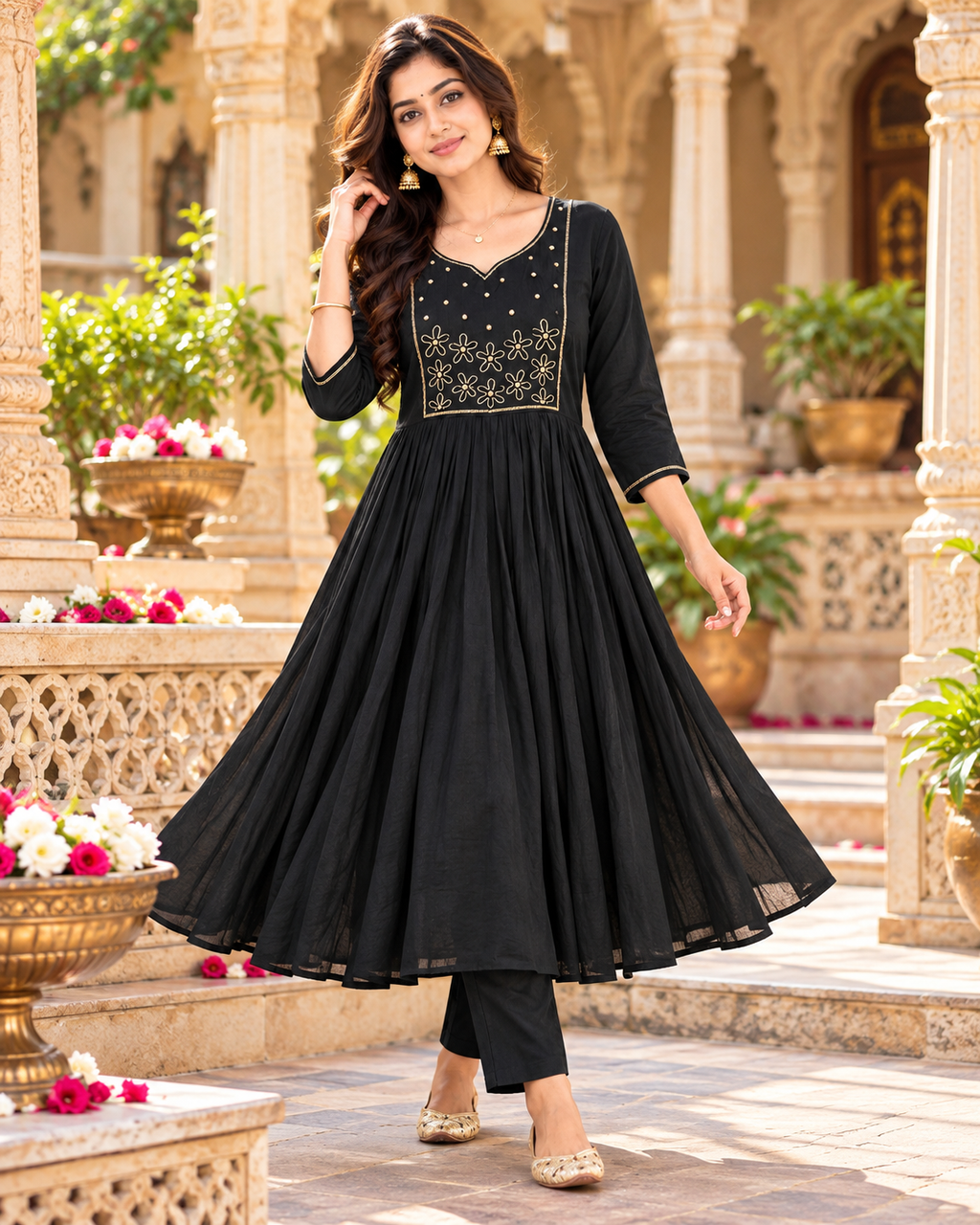 Chanderi Cotton Kurti Pant Set With Dupatta(Black)