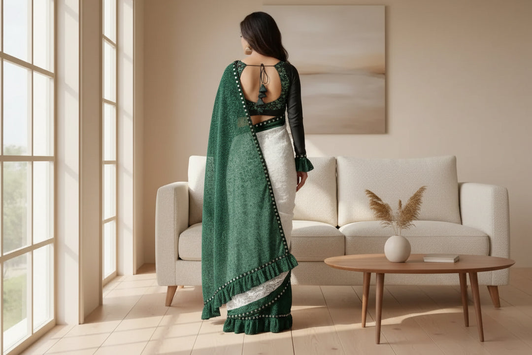 Women's Silk With Mirror Lace Solid Saree With Unstitched Blouse (Green, 5-5 Mtrs) Kashvii