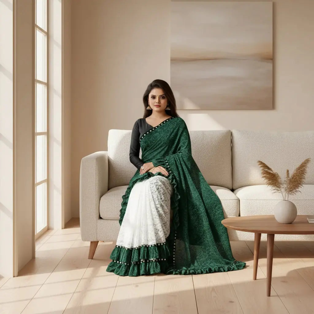 Women's silk with mirror lace solid saree with unstitched blouse (green, 5 5 mtrs)