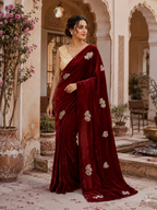 Space Silk Sequins Work Saree With Unstitched Blouse(Maroon)