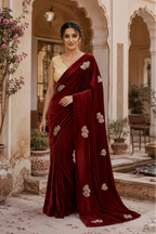 Space Silk Sequins Work Saree With Unstitched Blouse(Maroon)