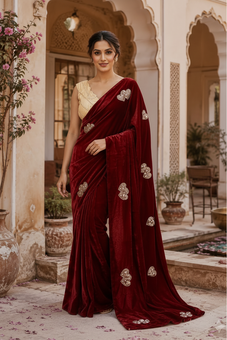 Space Silk Sequins Work Saree With Unstitched Blouse(Maroon)