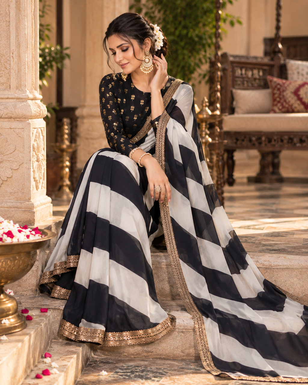 Premium Georgette Party Wear Saree With Unstitched Blouse(Black)