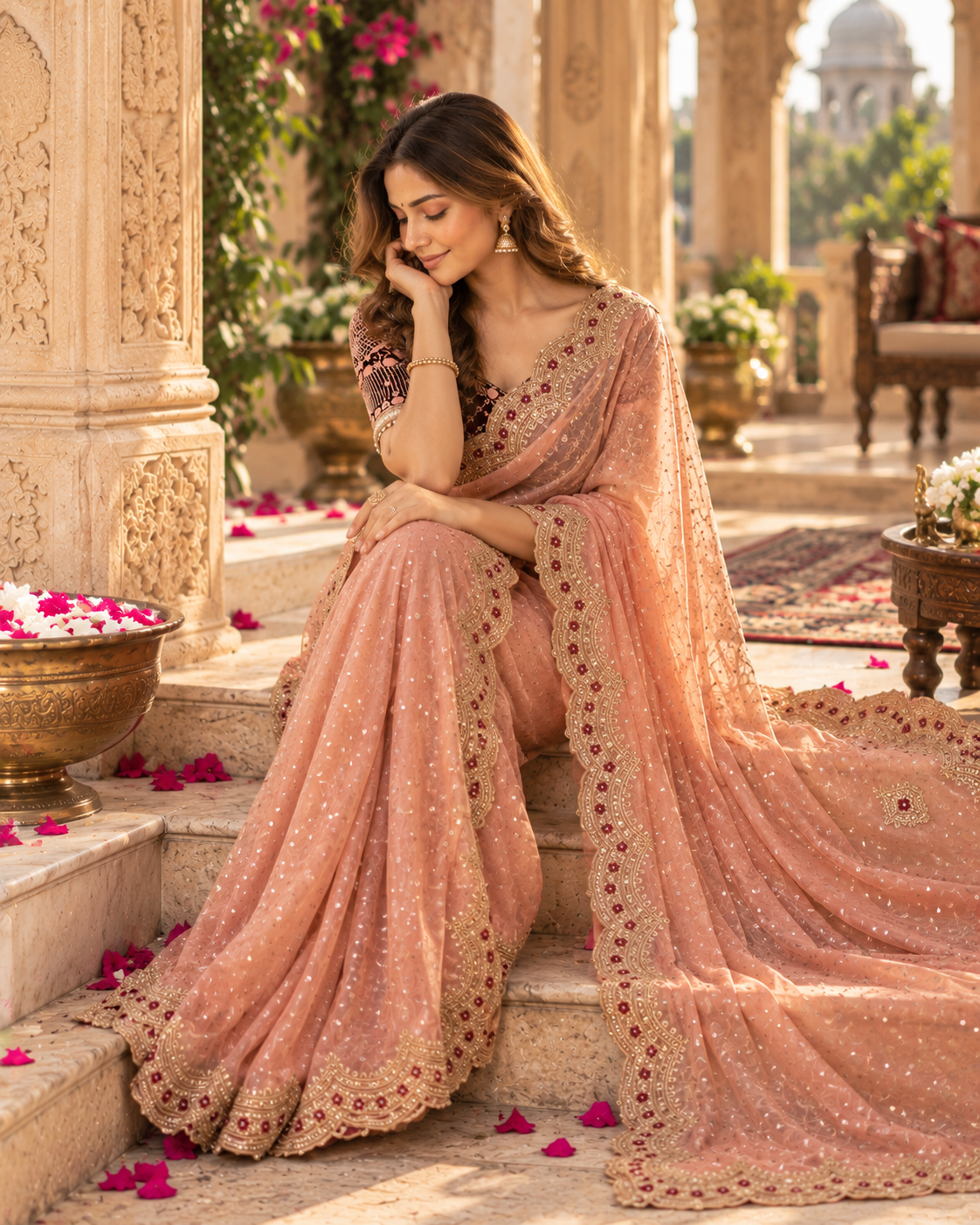 Zari Silk Sequins Work Saree With Unstitched Blouse(Peach)