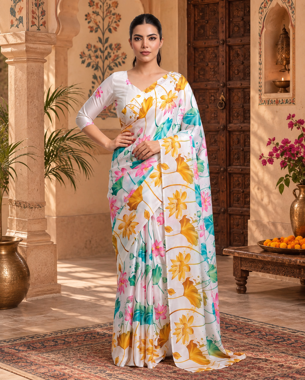 Premium Satin Silk Printed Saree With Unstitched Blouse(White)