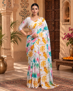 Premium Satin Silk Printed Saree With Unstitched Blouse(White)