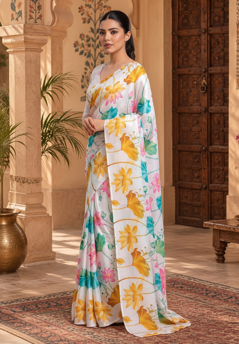 Premium Satin Silk Printed Saree With Unstitched Blouse(White)