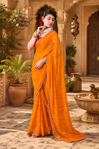 Premium Georgette Bandhani Work Saree With Unstitched Blouse(Orange)
