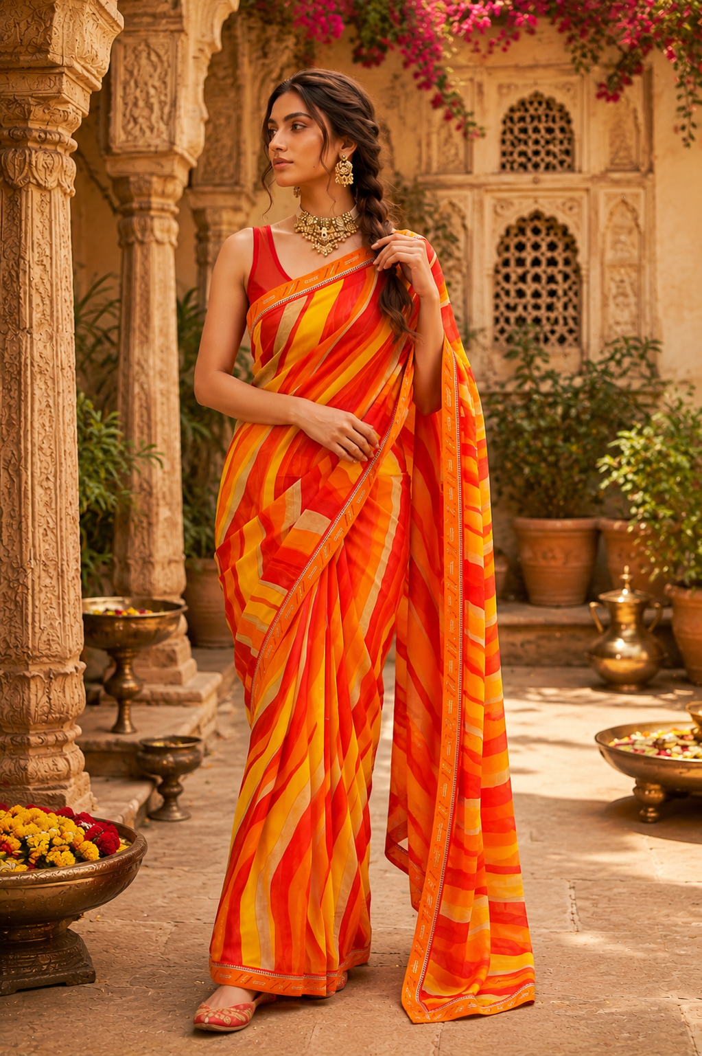 Georgette Digital Print Saree With Unstitched Blouse(Orange)