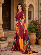 Georgette Satin Floral Printed Saree With Unstitched Blouse(Red)